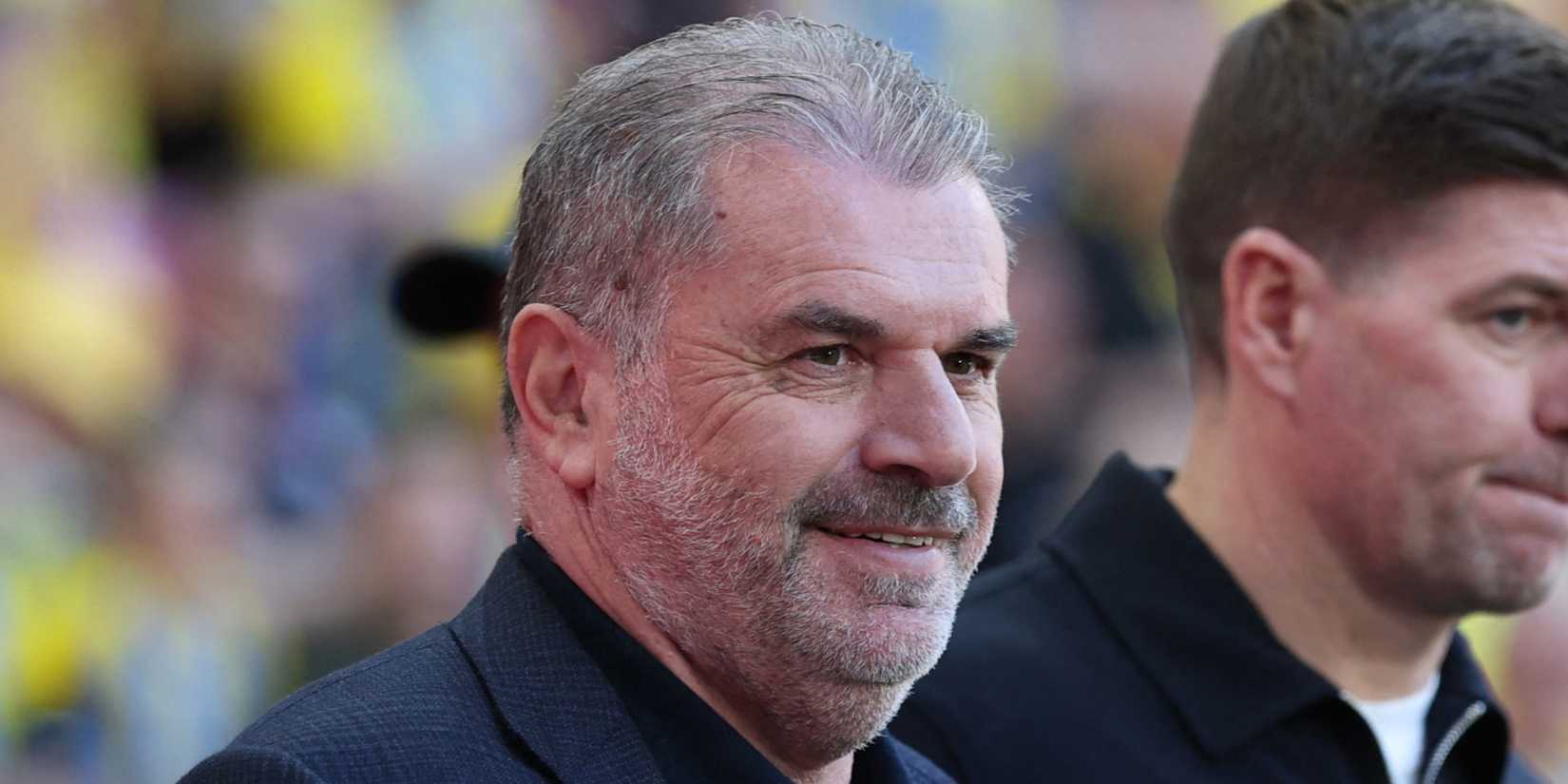 Ange Postecoglou smiles during FA Cup media duties in 2025