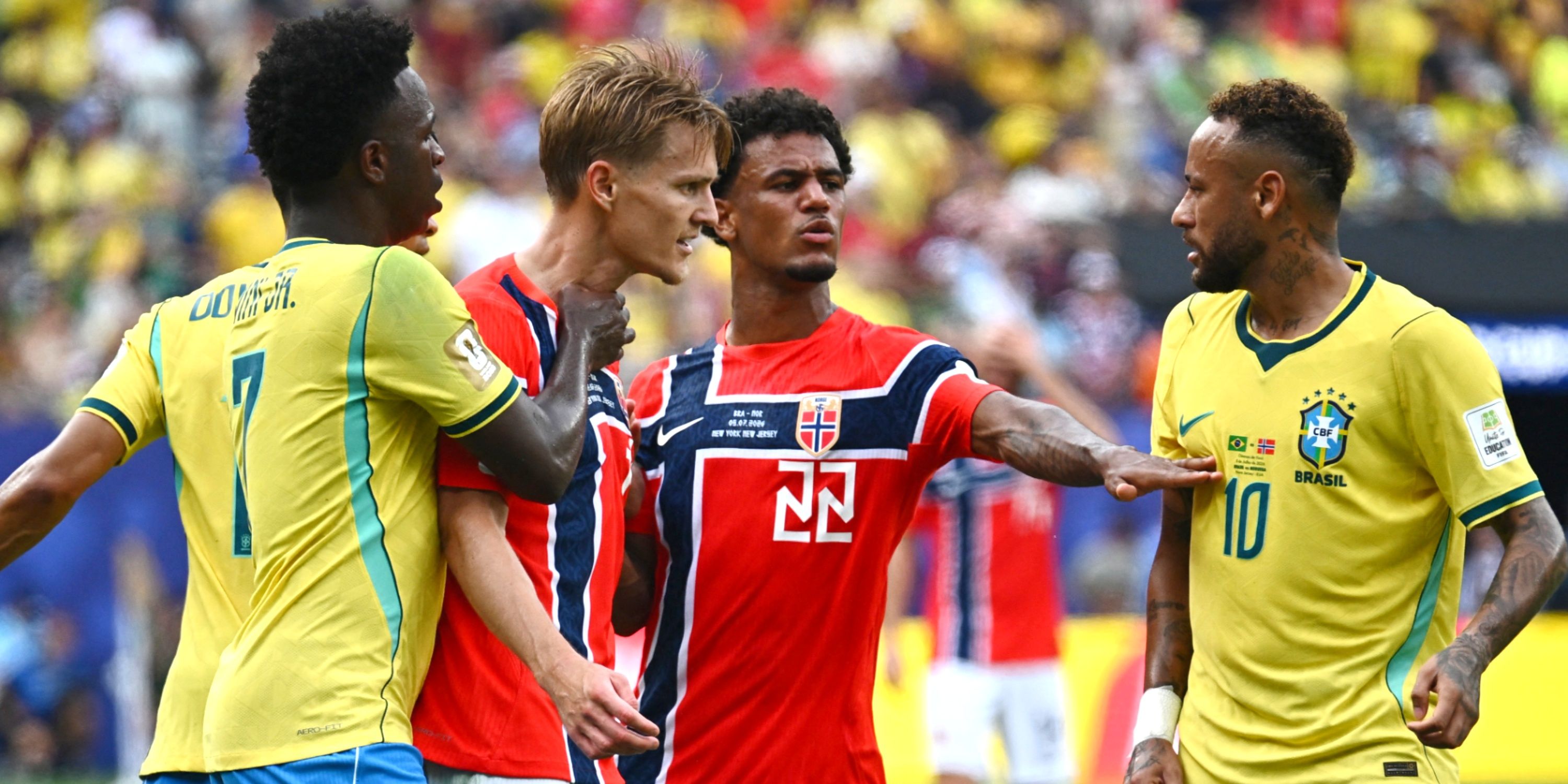Norway's Martin Odegaard clashes with Brazil's Neymar Jr.