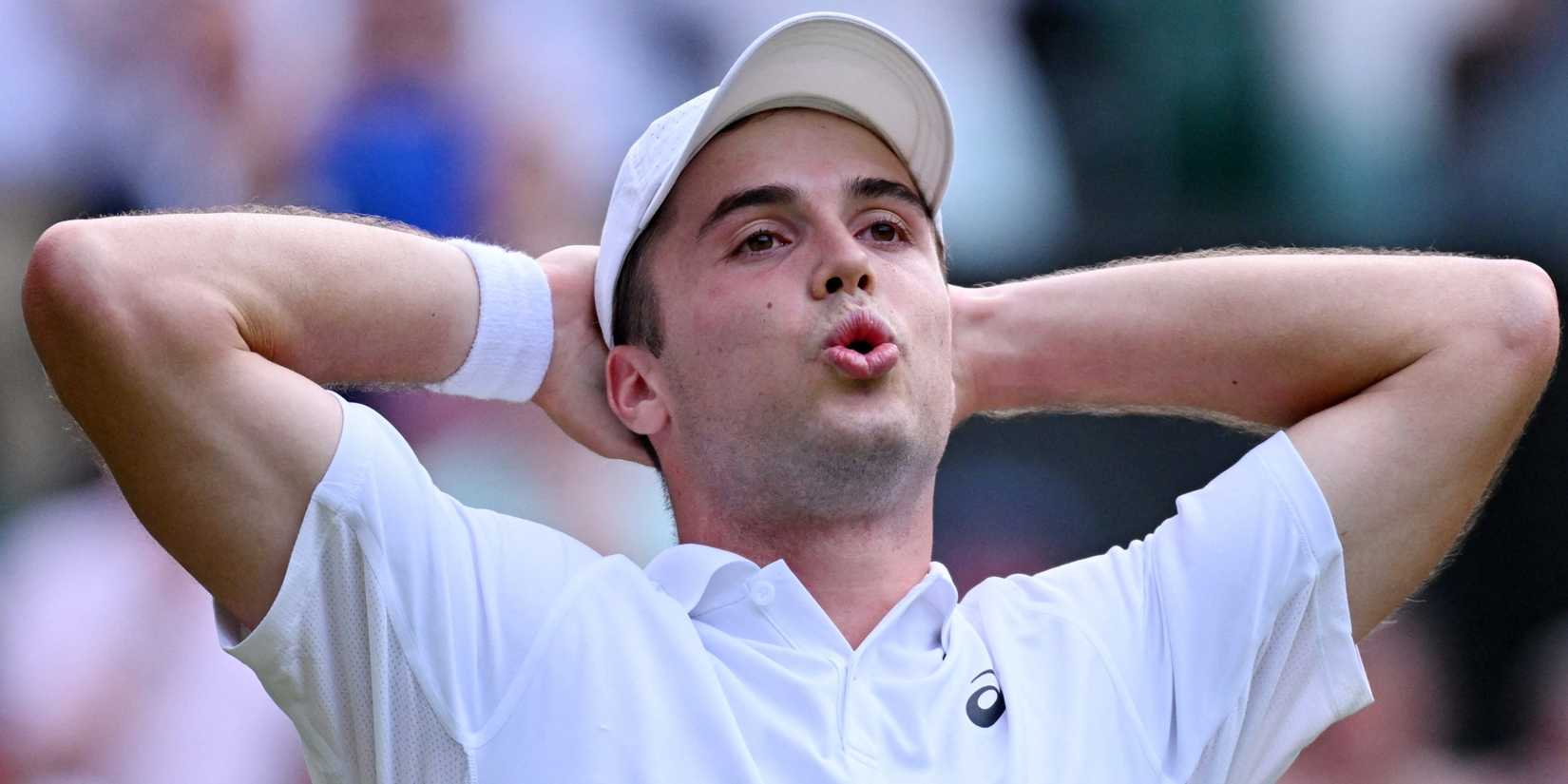 Britain's Arthur Fery celebrates after winning his fourth round match against Bulgaria's Grigor Dimitrov