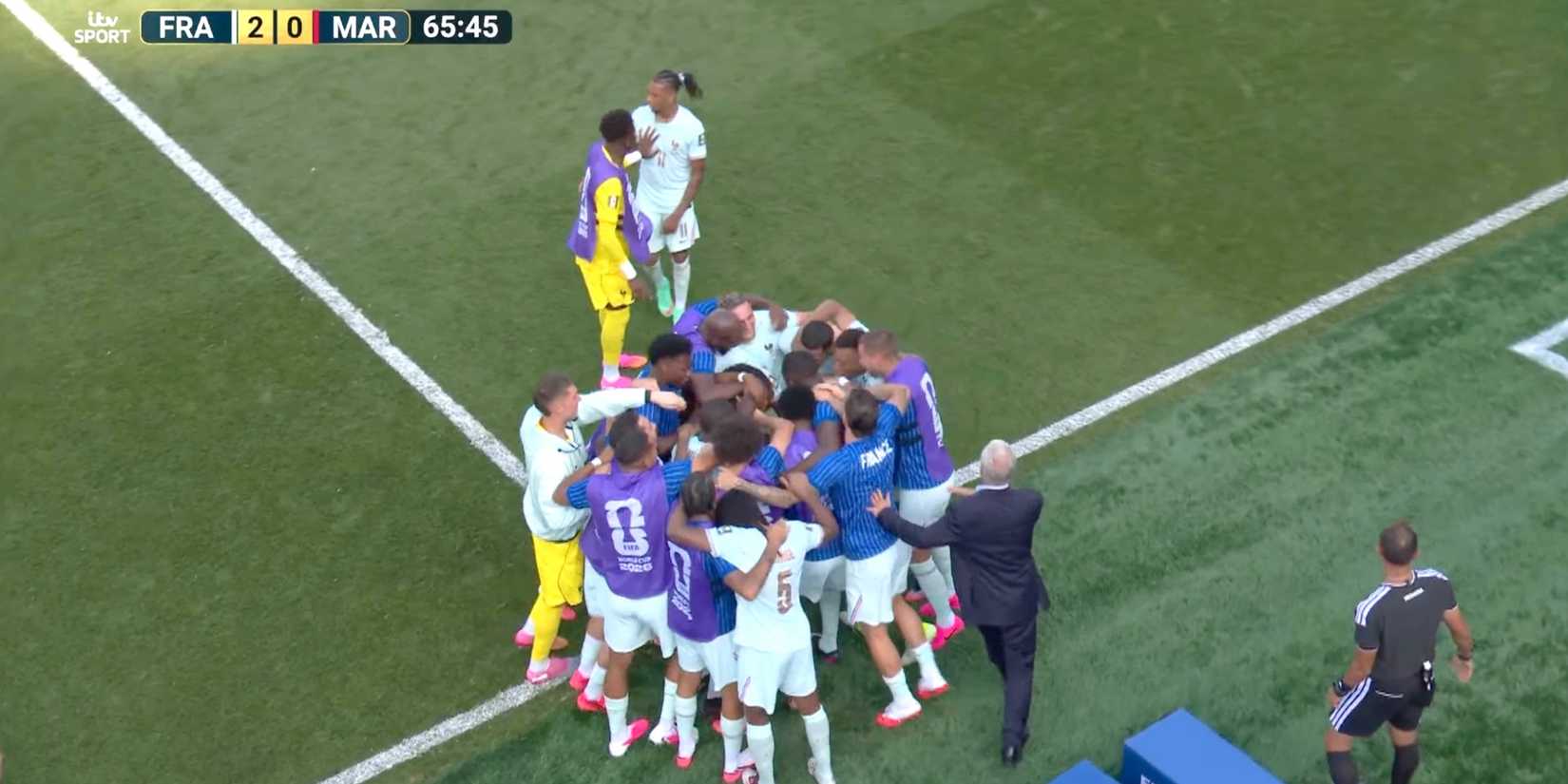 Michael Olise stopped from celebrating Ousmane Dembele's goal