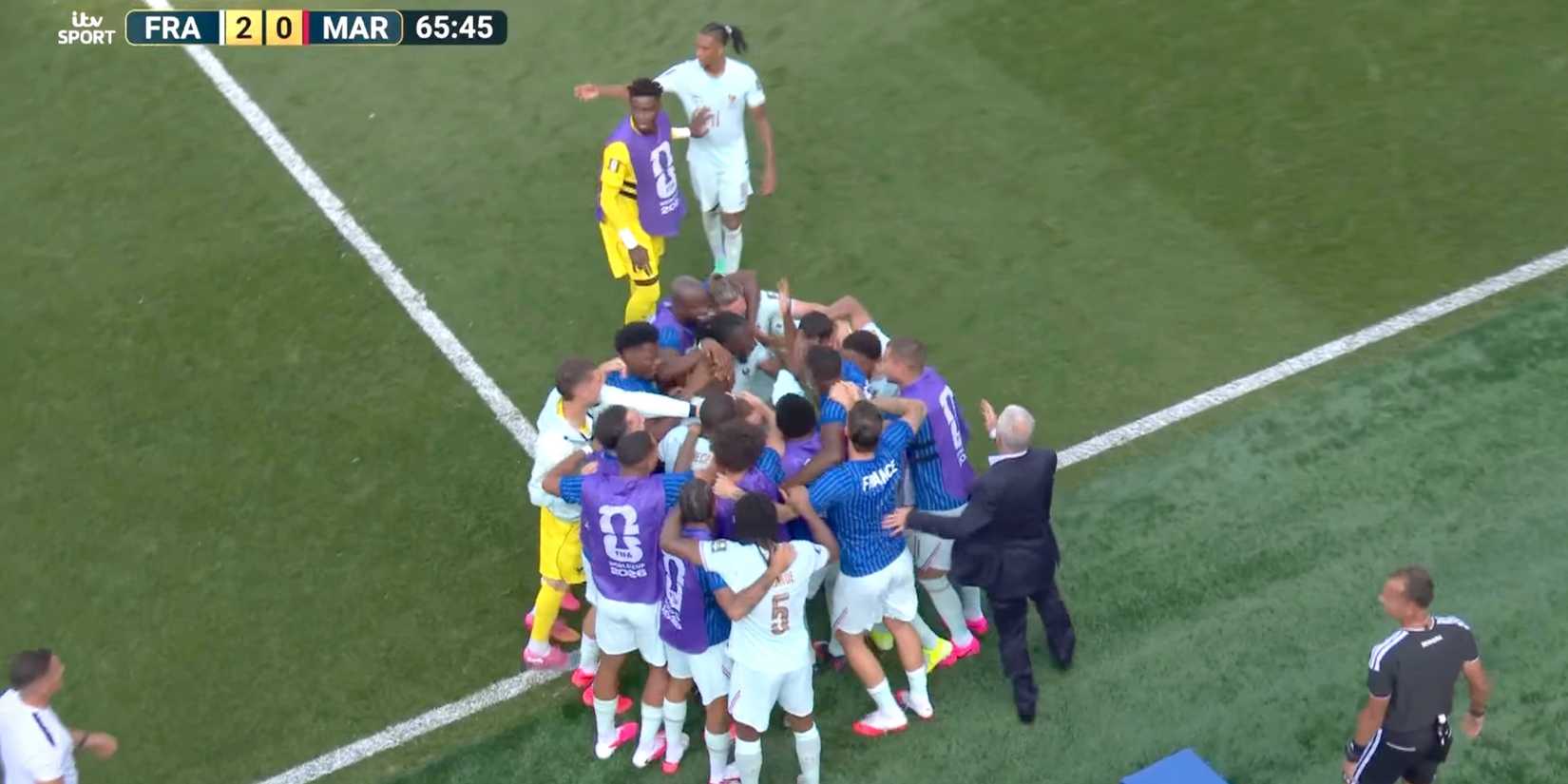 Michael Olise stopped from celebrating Ousmane Dembele's goal