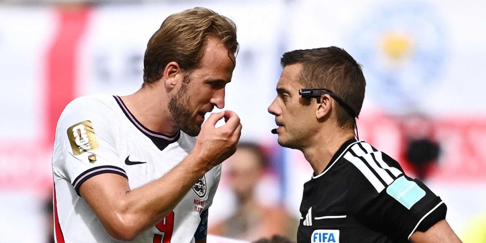 England's Harry Kane remonstrates with referee Clement Turpin after Norway's Andreas Schjelderup scores their first goal