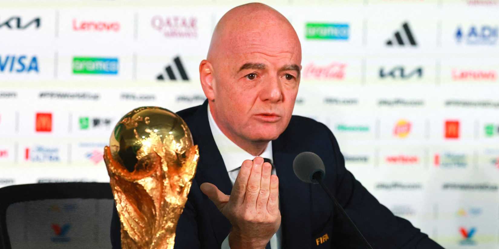 FIFA President Gianni Infantino with the FIFA World Cup trophy during a press conference