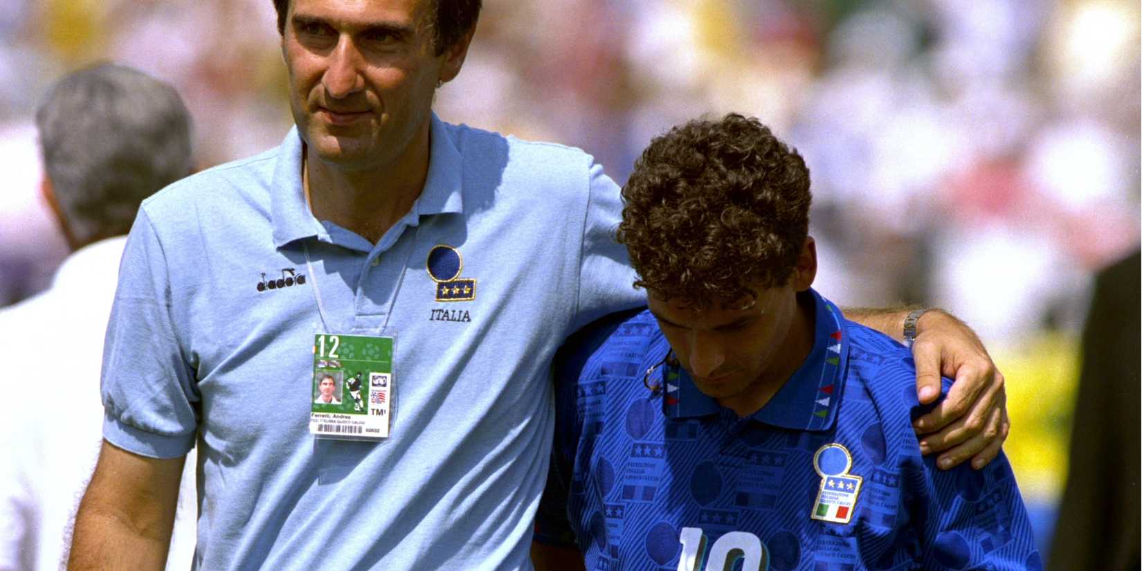 Roberto Baggio, Italy, consoled after World Cup 1994 Final Penalty Miss against Brazil
