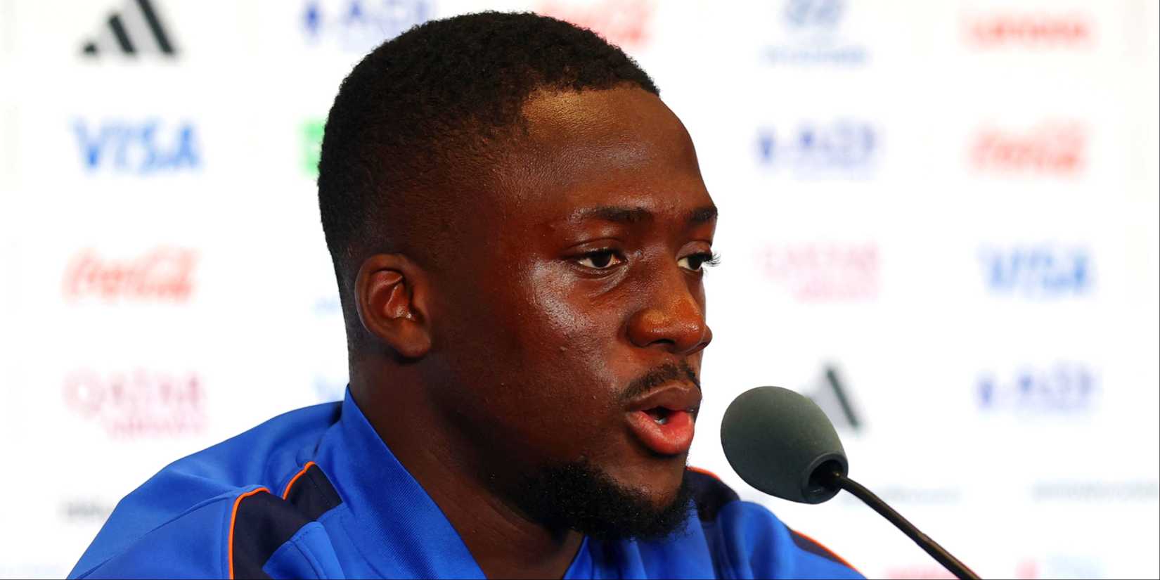 France's Ibrahima Konate speaks during a World Cup press conference