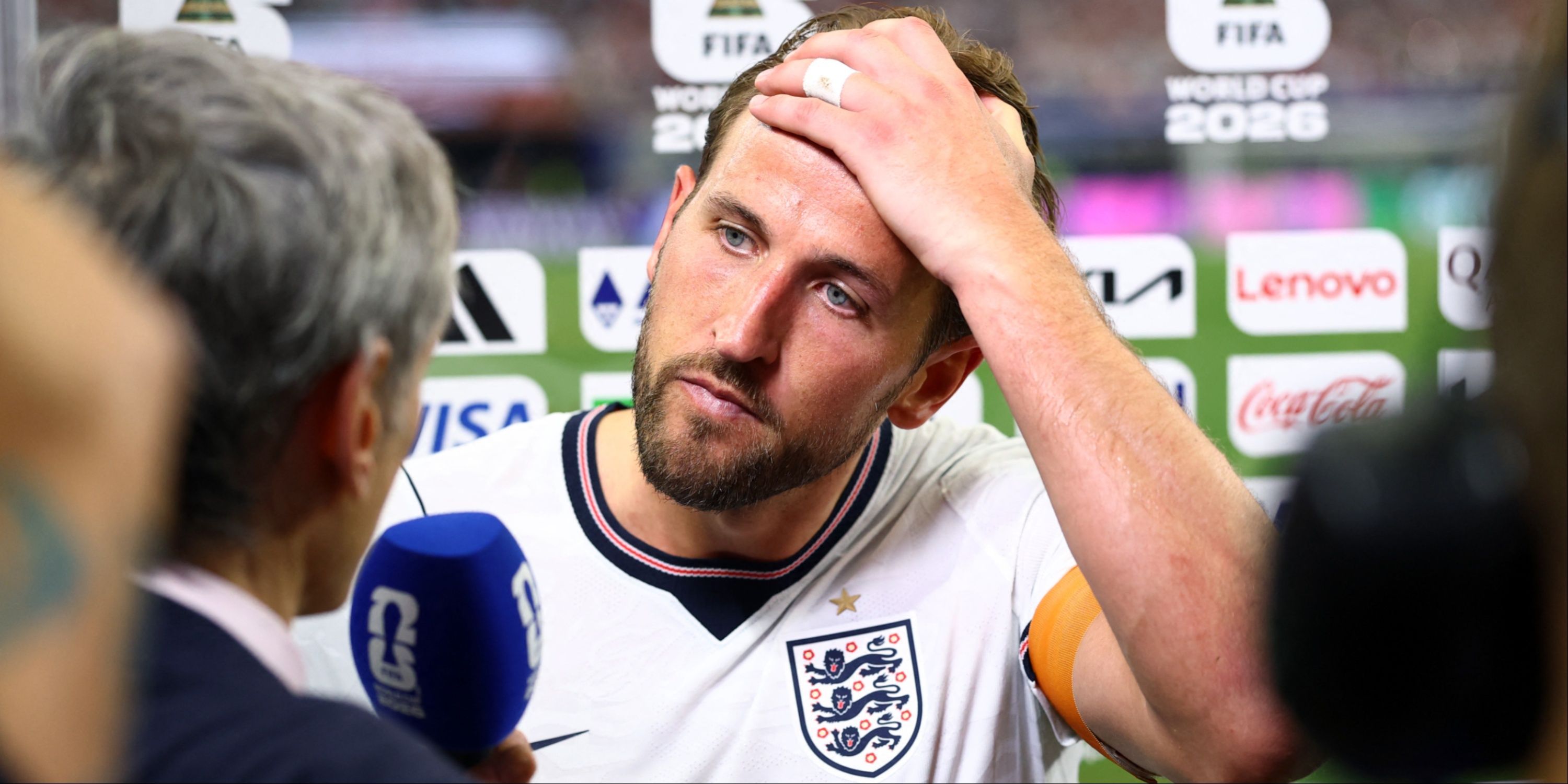 England's Harry Kane during an interview after a 2026 World Cup match