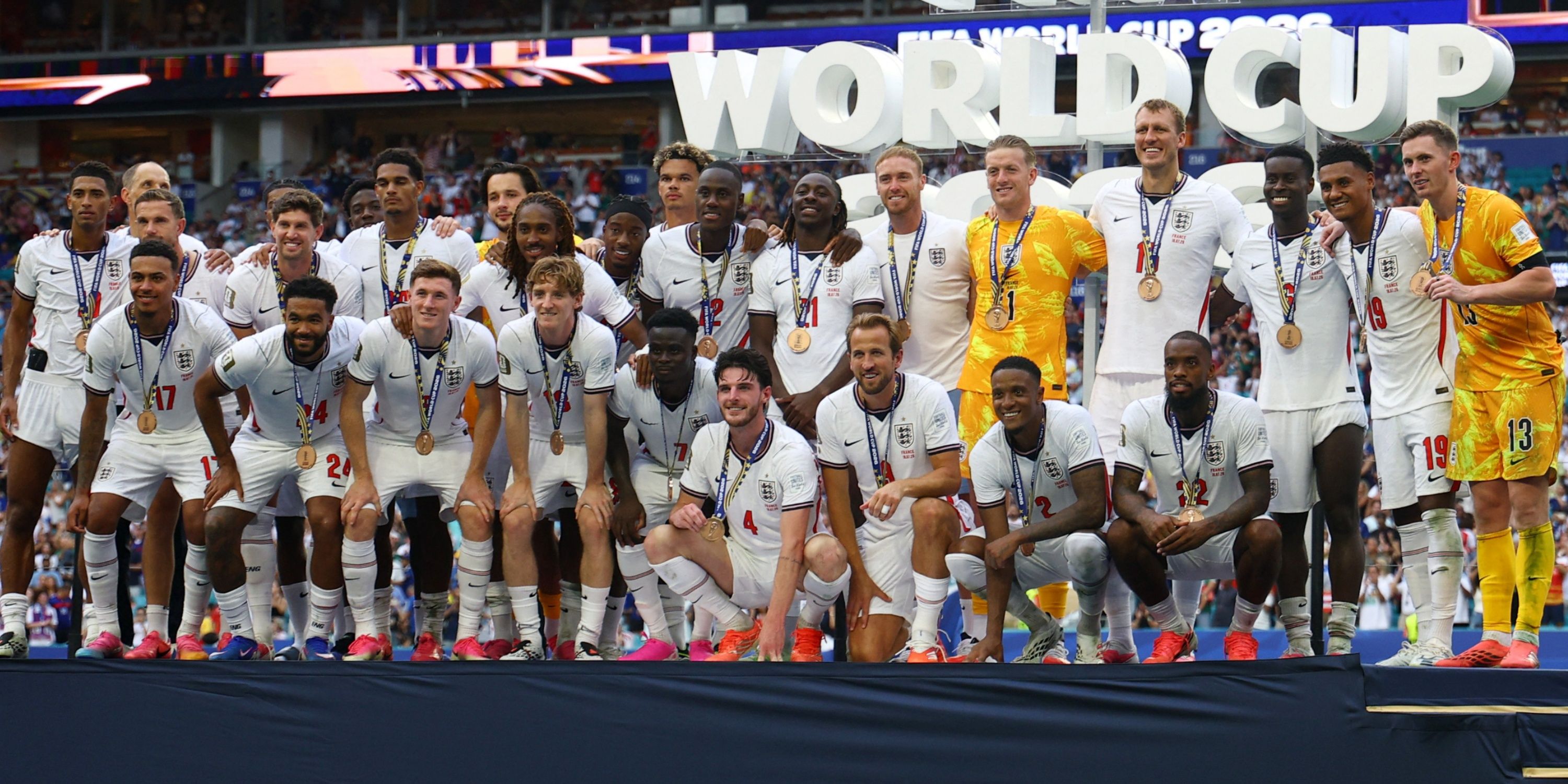 England pose with their bronze medals at the 2026 World Cup