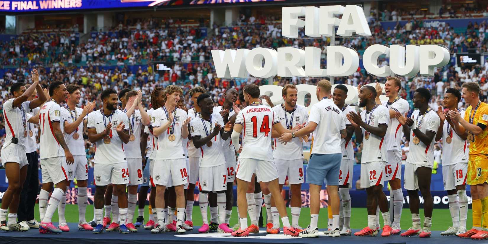 England's players with their 2026 World Cup bronze medals 