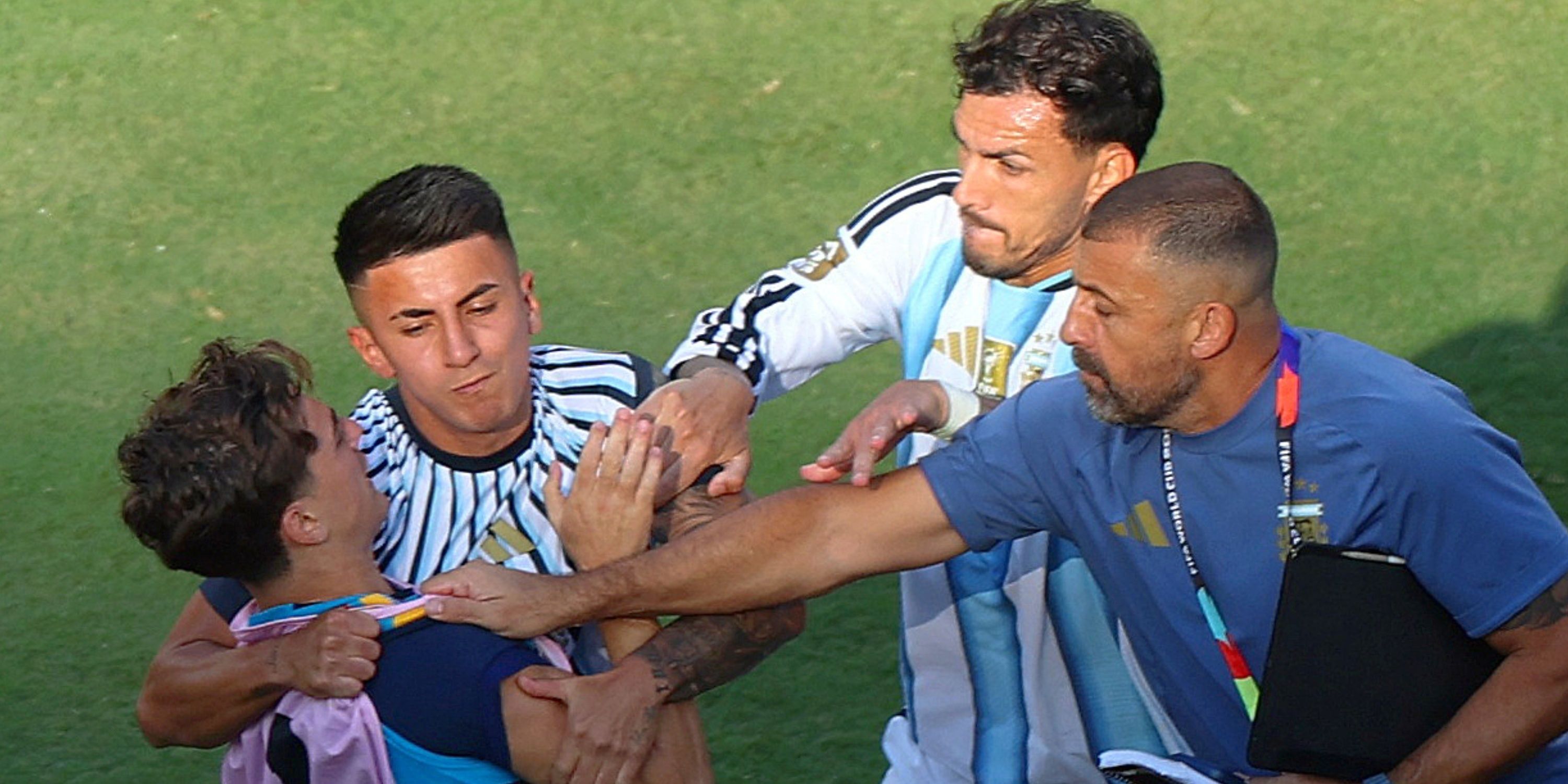 Argentina's Leandro Paredes clashes with Spain's Gavi after the match as Spain wins the World Cup