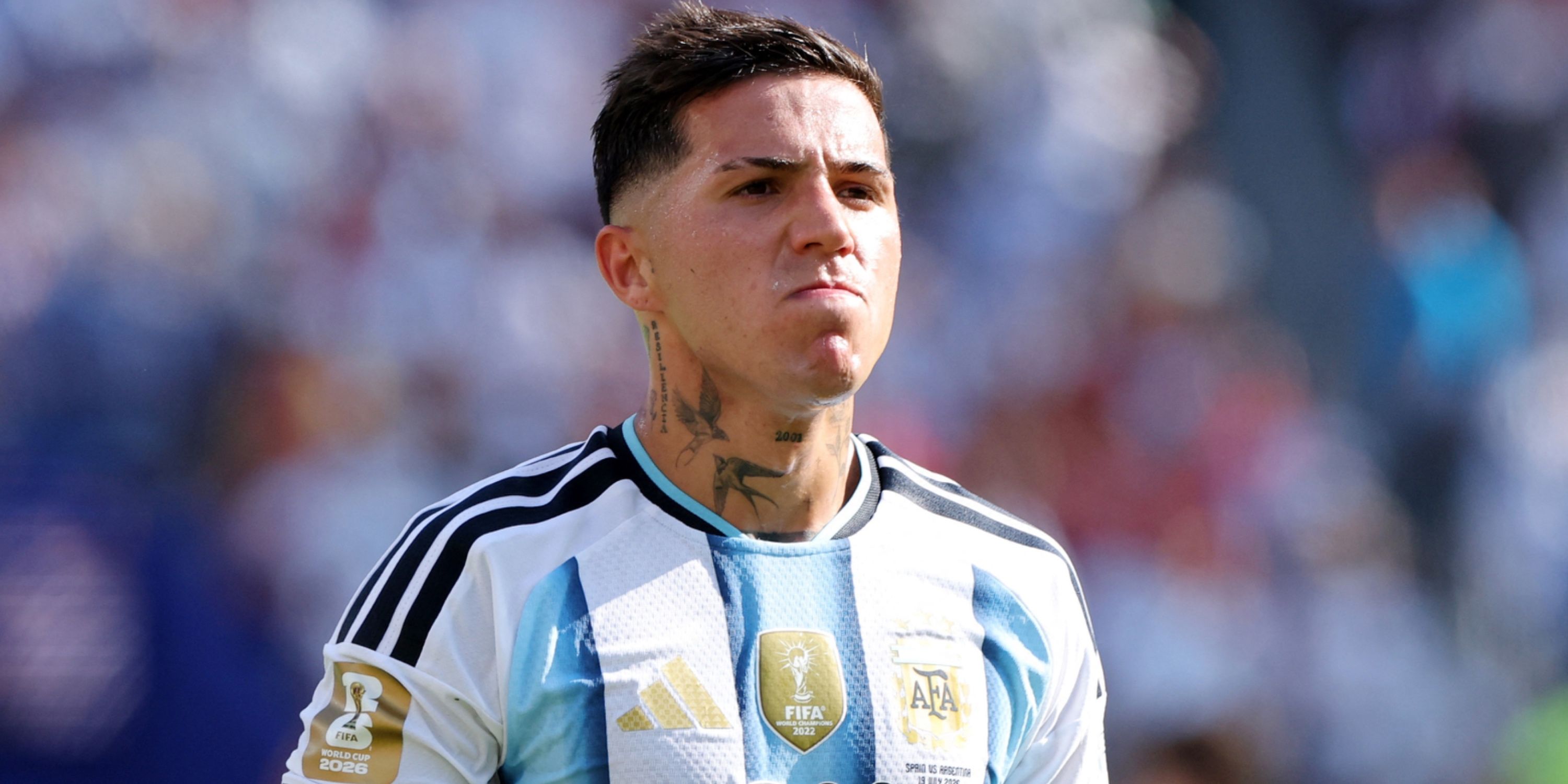 Argentina's Enzo Fernandez looks dejected as he walks off the pitch after being shown a red card by the referee