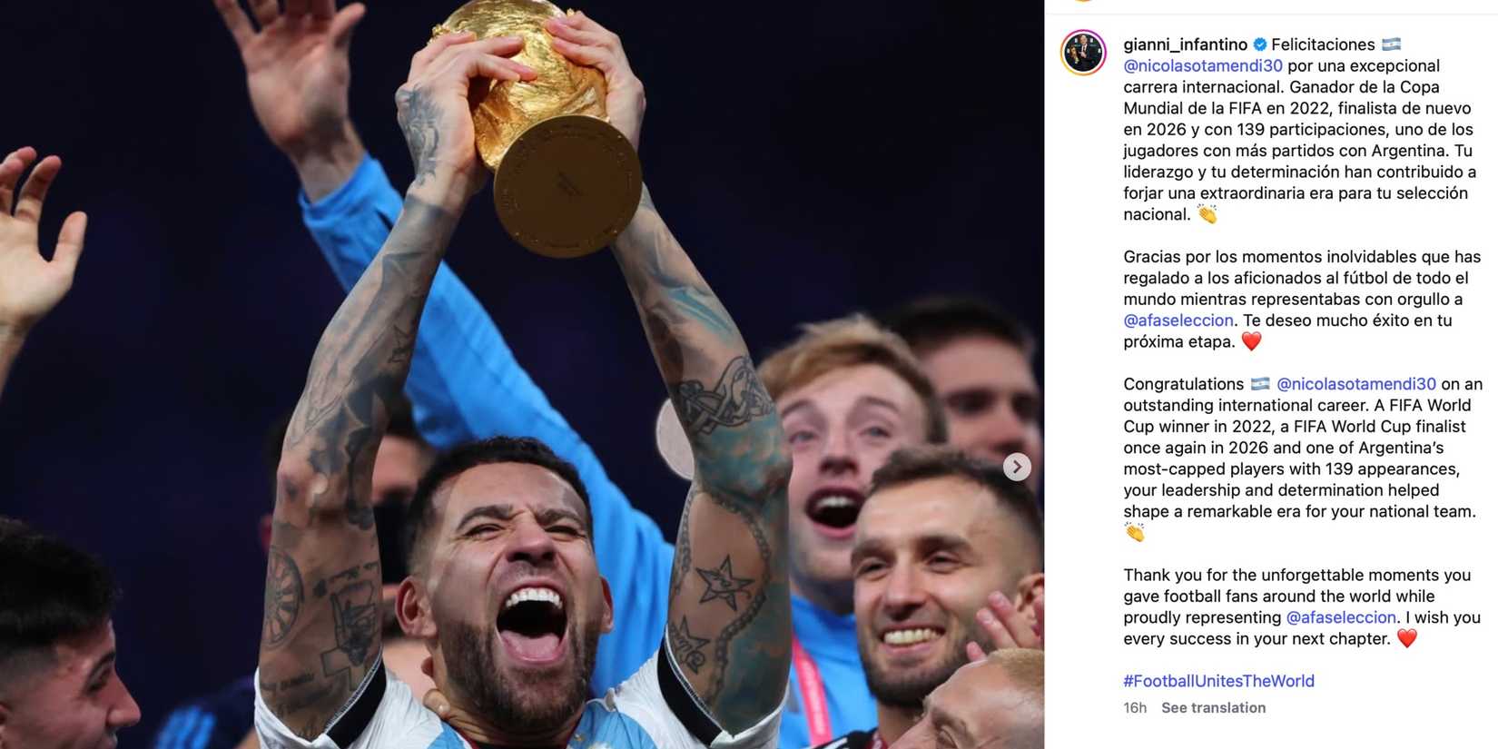 Infantino message to Otamendi