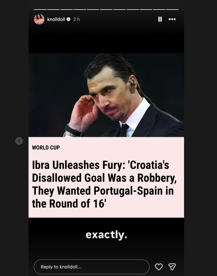 Screenshot of Zlatan Ibrahimovic via @Knolldoll/Instagram