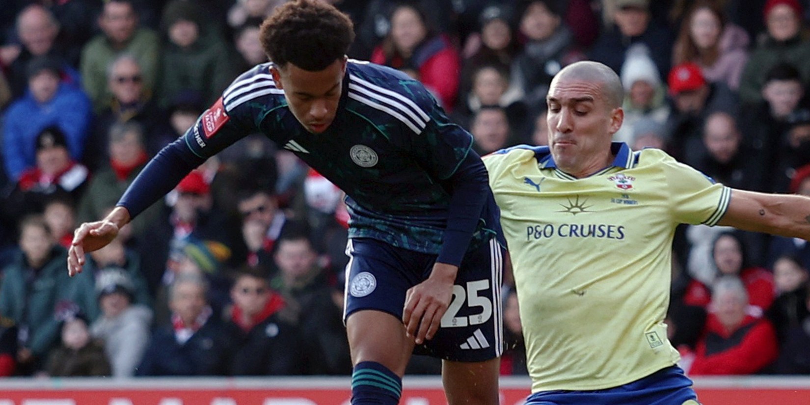 Leicester City's Louis Page in action with Southampton's Oriol Romeu 