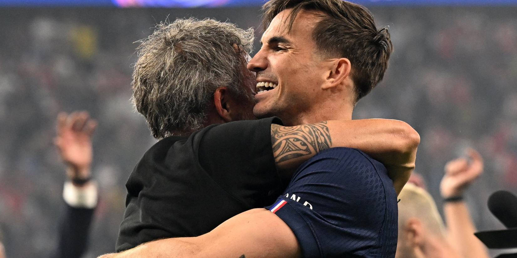  Paris St Germain coach Luis Enrique and Fabian Ruiz celebrate after winning the UEFA Champions League 