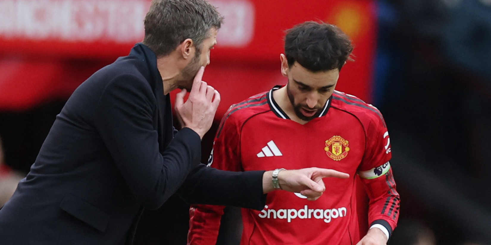 Manchester United interim manager Michael Carrick speaks to Bruno Fernandes