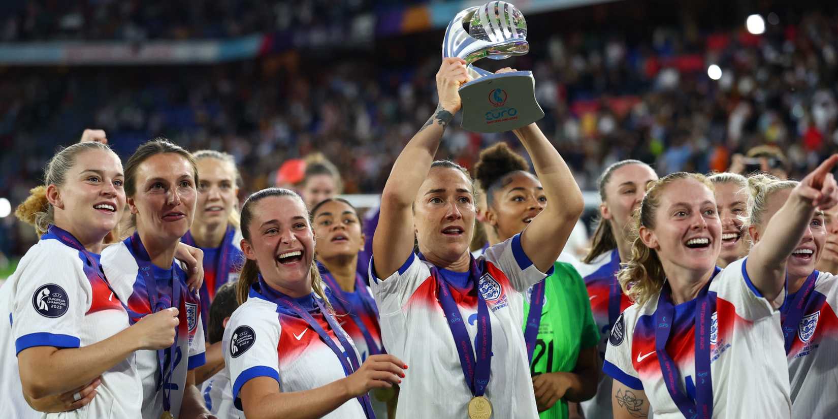 England's Lucy Bronze celebrates with the trophy after winning the UEFA Women's Euro 202