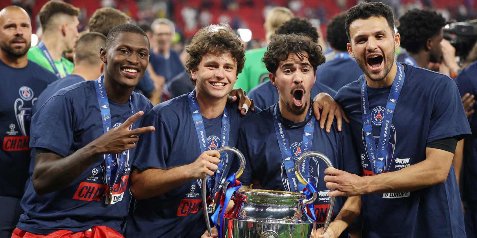 PSG's Portuguese players celebrate after winning the 2025/26 Champions League