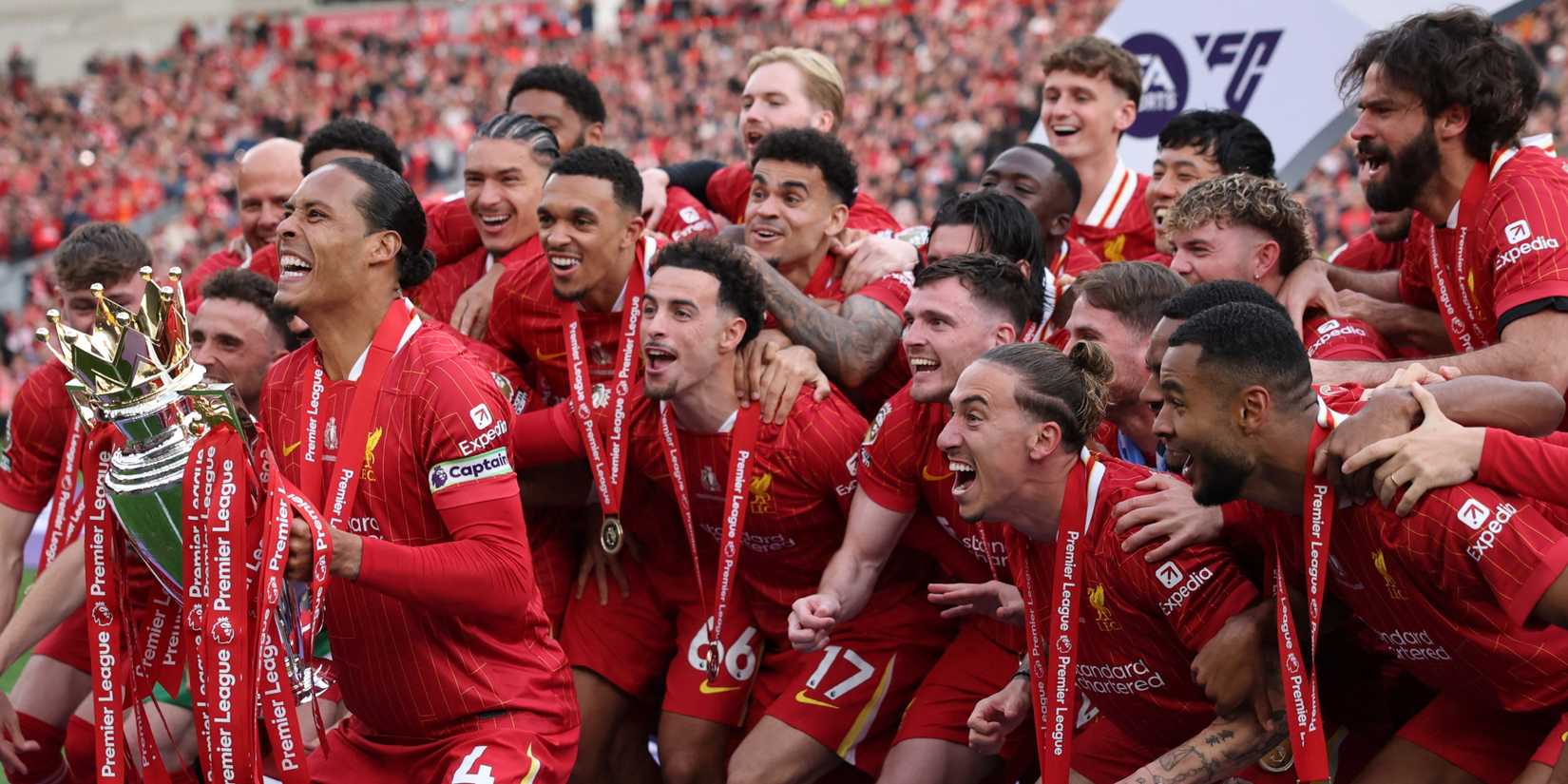 Liverpool players with the Premier League trophy