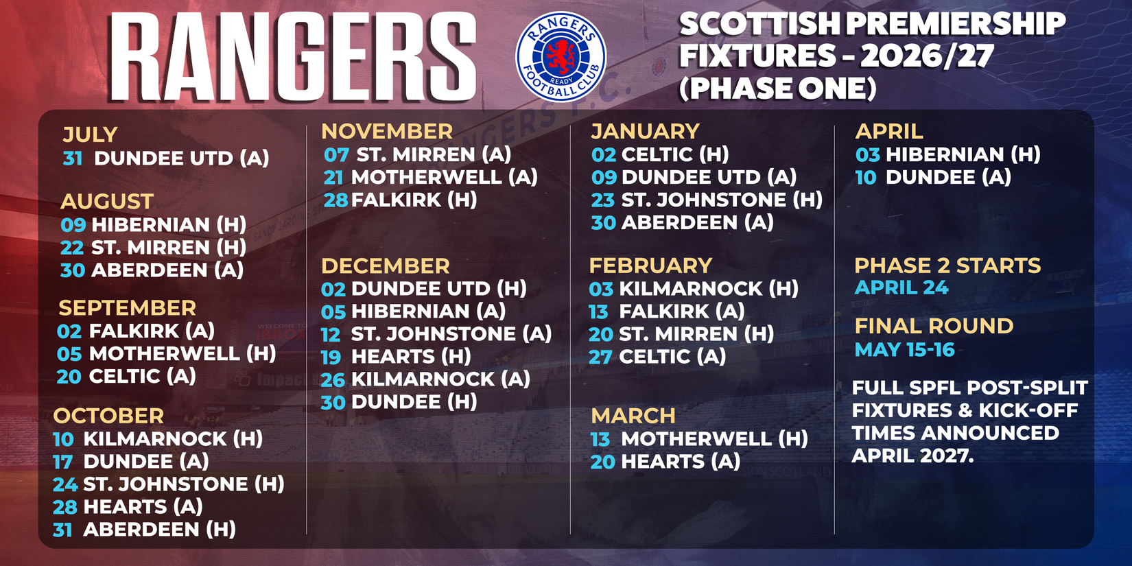 Rangers Fixtures 2026-27