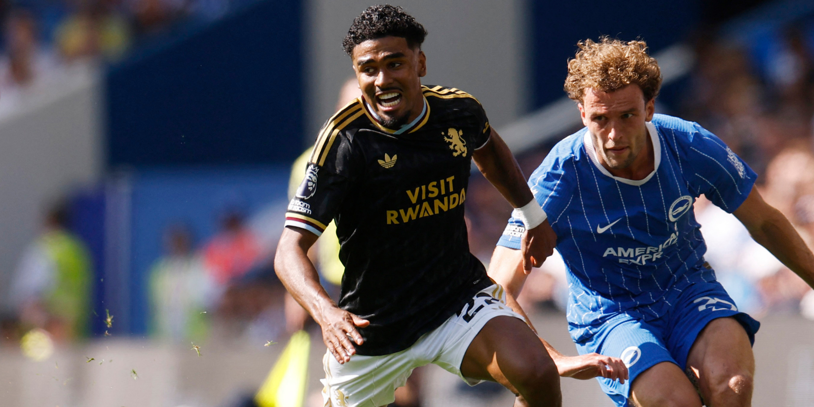 Aston Villa's Ian Maatsen in action with Brighton and Hove Albion's Mats Wieffer 
