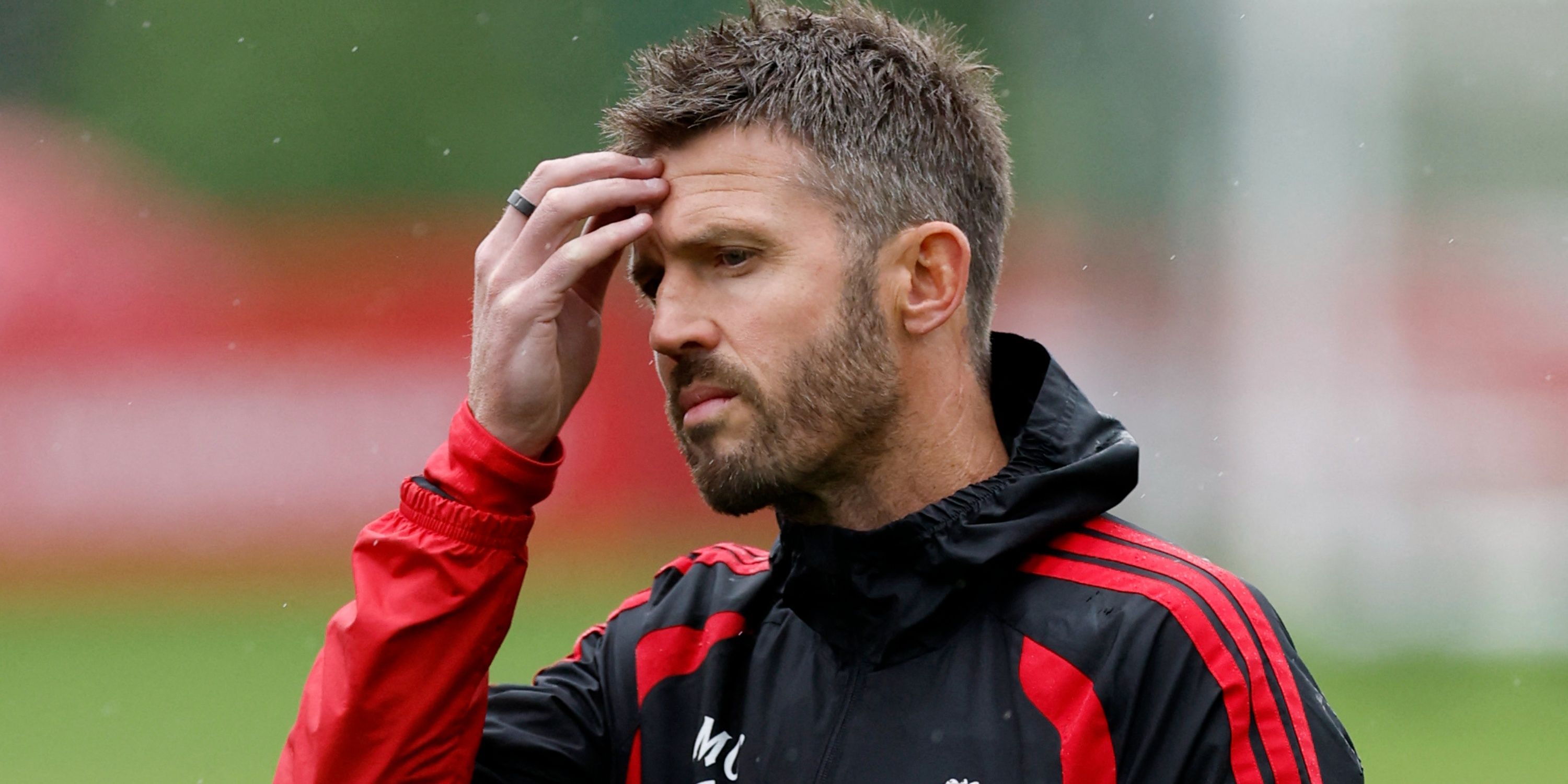 Manchester United manager Michael Carrick looks worried on the training ground