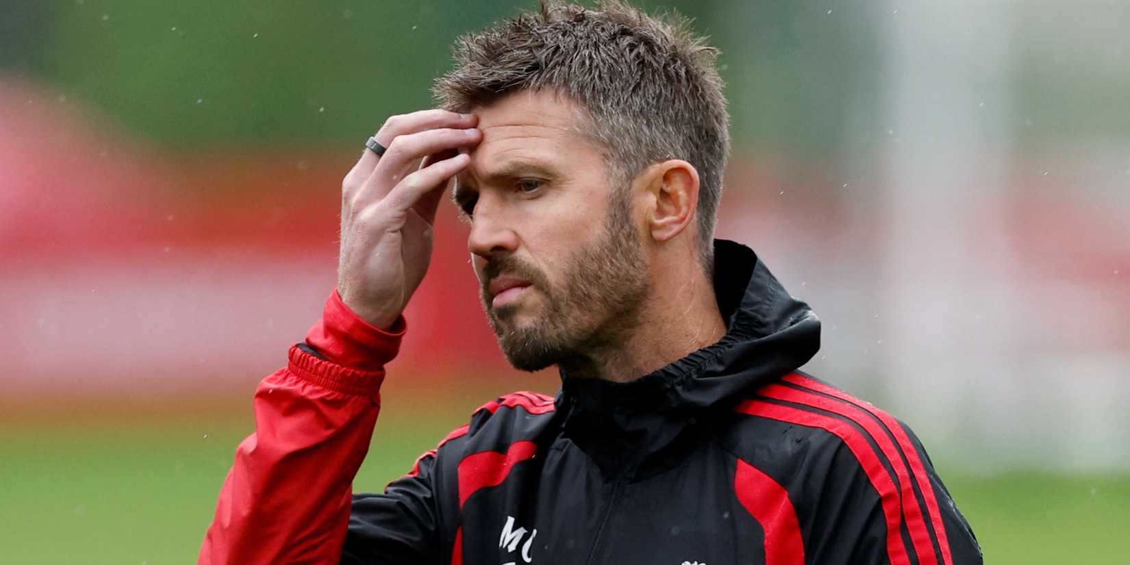 Manchester United manager Michael Carrick looks worried on the training ground