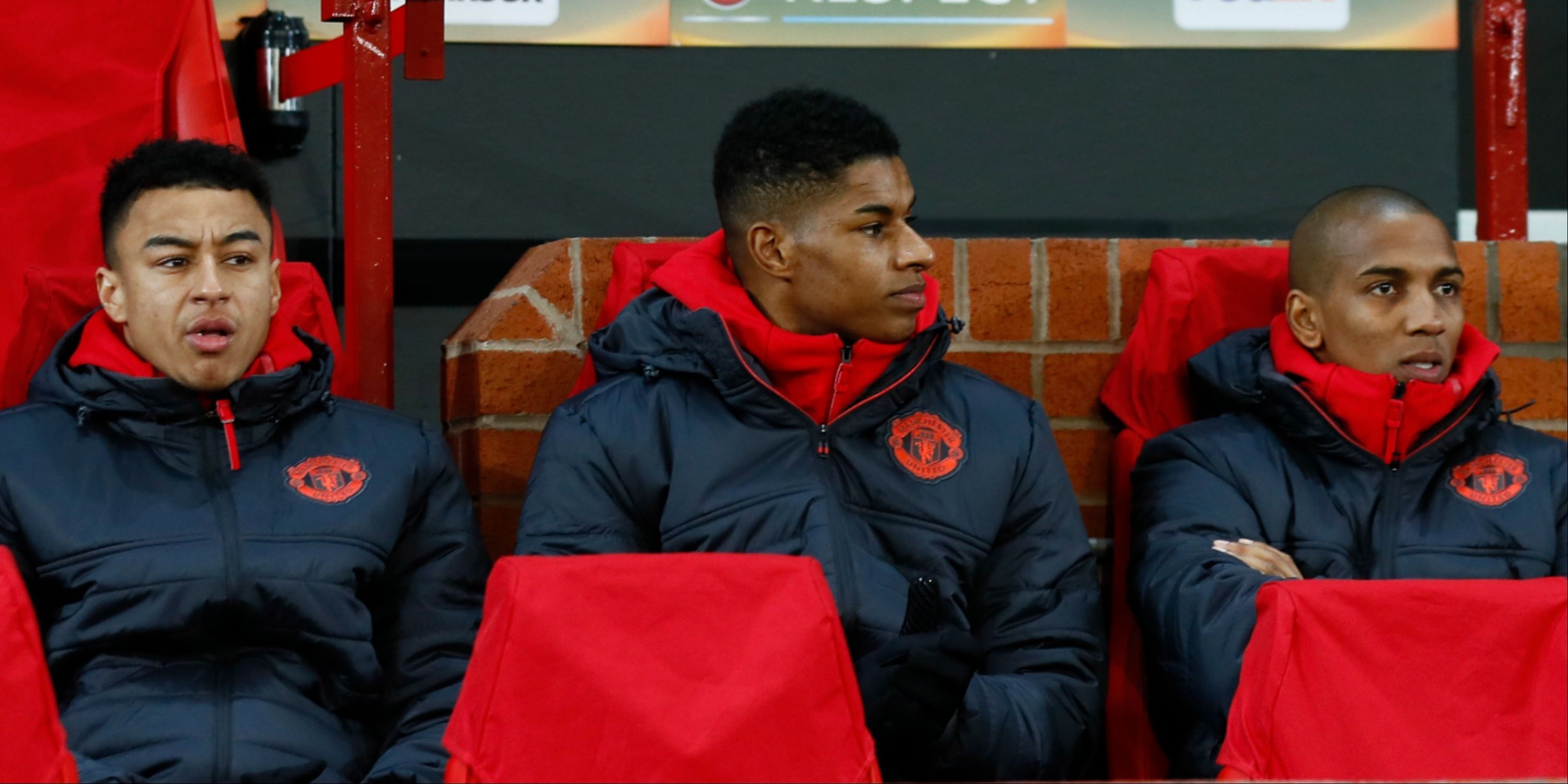 Jesse Lingard, Marcus Rashford and Ashley Young on Man Utd bench