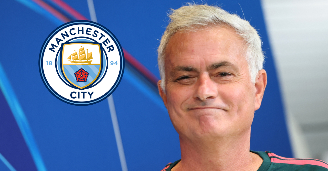 Real Madrid coach Jose Mourinho and the Man City logo