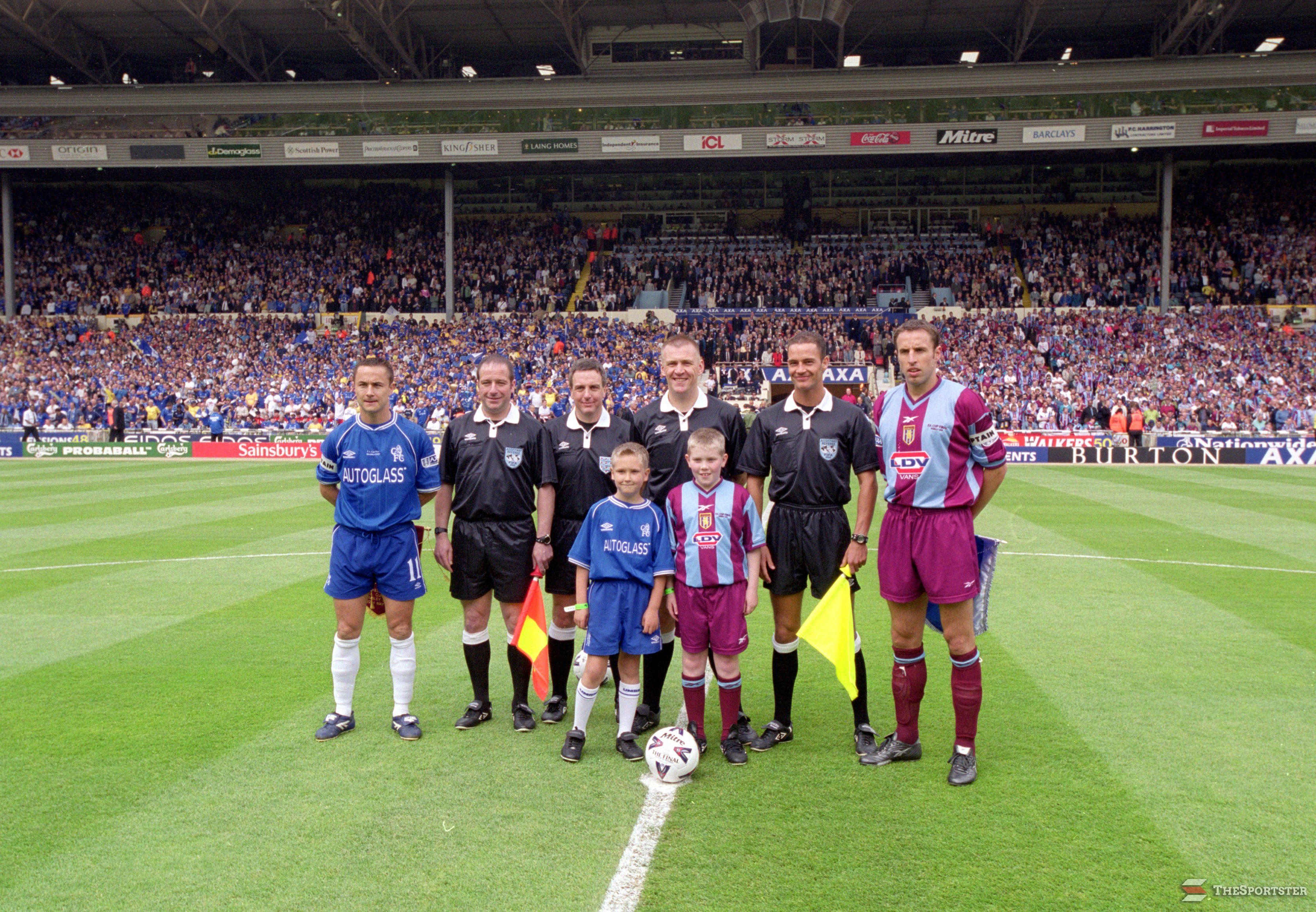 20 May 2000: Chelsea Captain Dennis Wise (left) and Aston Villa captain Gareth Southgate (right) line up with Officials (centre) before the AXA FA Cup Final 2000 Match at Wembley Stadium, London, England. Chelsea won 1-0. \ Mandatory Credit: Shaun Botterill /Allsport