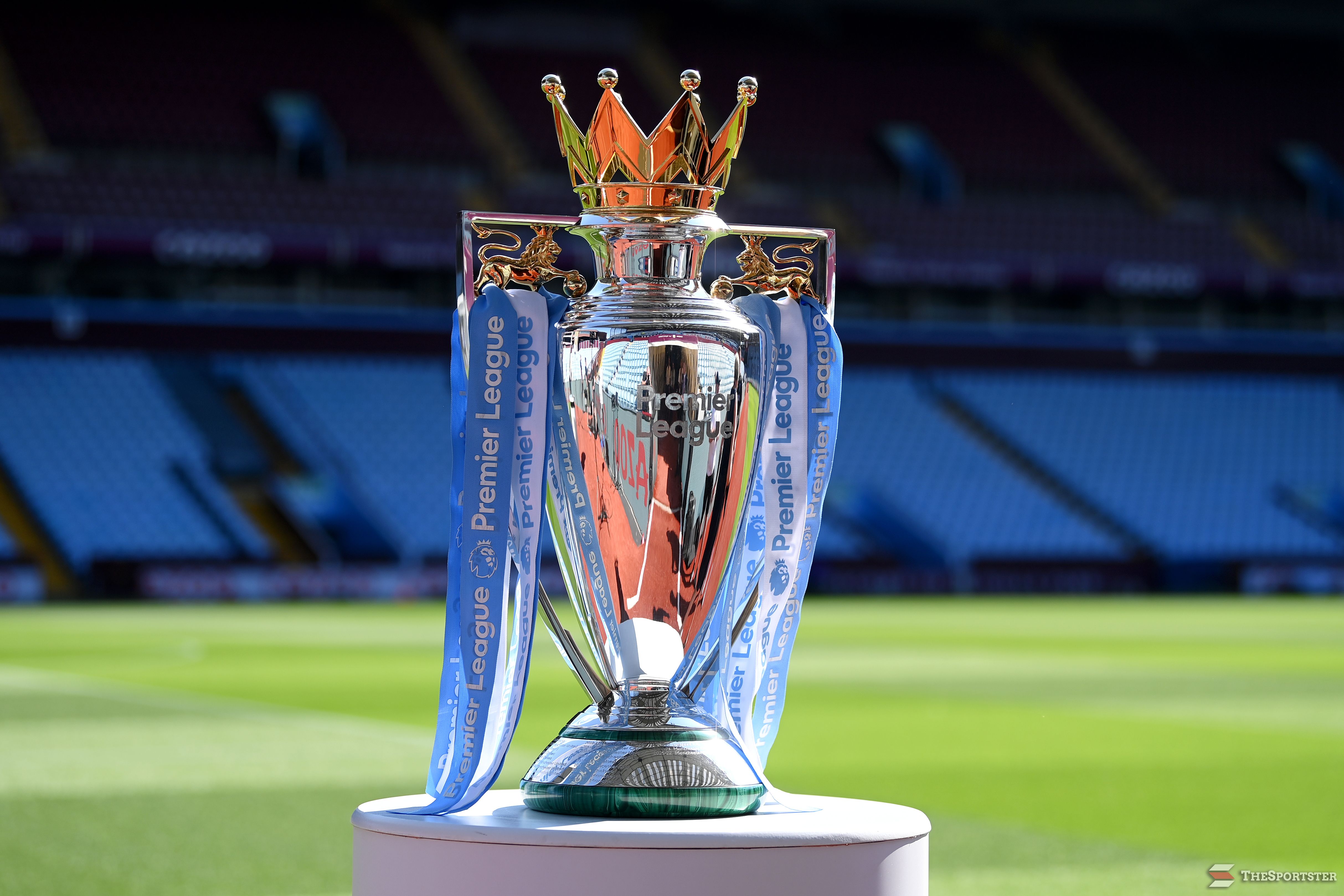 BIRMINGHAM, ENGLAND - AUGUST 13: A detailed view of the Premier League trophy is seen prior to the Premier League match between Aston Villa and Everton FC at Villa Park on August 13, 2022 in Birmingham, England. (Photo by Michael Regan/Getty Images)