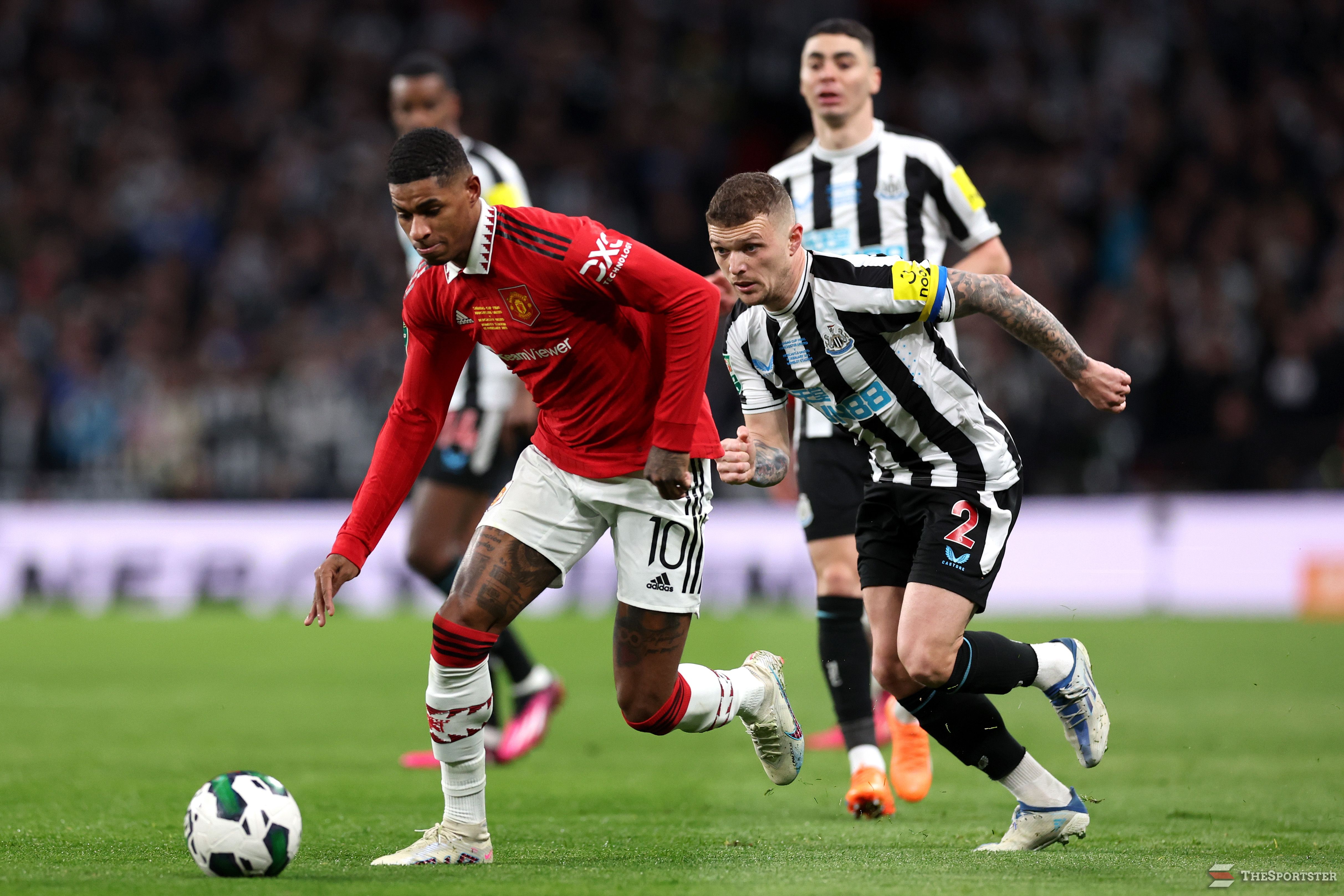 LONDON, ENGLAND - FEBRUARY 26: Marcus Rashford of Manchester United breaks away from Kieran Trippier of Newcastle United during the Carabao Cup Final match between Manchester United and Newcastle United at Wembley Stadium on February 26, 2023 in London, England. (Photo by Julian Finney/Getty Images)